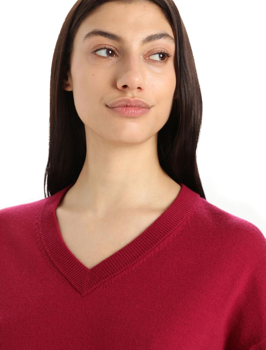 Women's Icebreaker Merino Shearer V Neck Sweaters Cherry | CA 1319VRWD